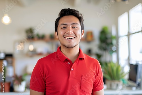A young mexican community manager wearing a red polo shirt in a white office, laugh