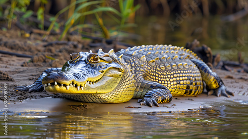 A crocodile basking on the banks of a murky river