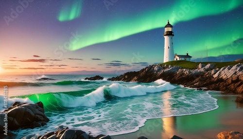 lighthouse in the sea. Gentle waves lapping against a rocky shore, a lighthouse standing tall, a sky full of stars