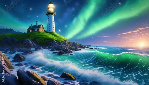 lighthouse on the coast. Gentle waves lapping against a rocky shore, a lighthouse standing tall, a sky full of stars 