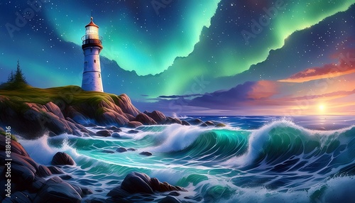 lighthouse on the coast. Gentle waves lapping against a rocky shore, a lighthouse standing tall, a sky full of stars 