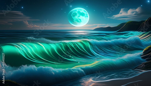 Soft waves gently lapping against the shore, with the moon hanging low and bright in the sky.