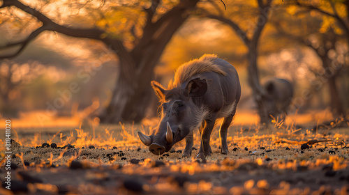 A warthog kneeling to forage for roots in the sun-dappled savannah