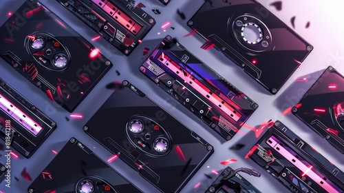 Large set of old vintage audio tape cassettes on gray background, colorful retro music background on September 19, 2020 in Vilnius, Lithuania. retro. Illustrations