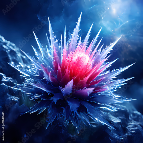 Surrealistic illustration close up of a eryngium frozen and lit by red light 