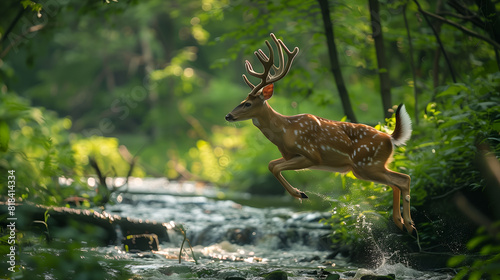 A deer gracefully leaping over a babbling brook