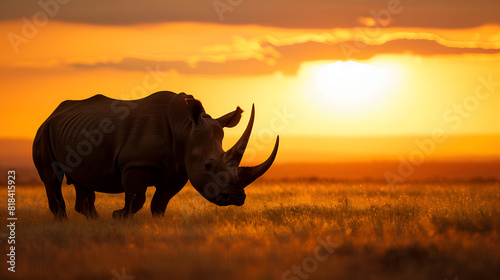 A majestic rhinoceros at sunset