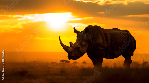 A majestic rhinoceros at sunset