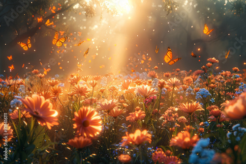 A sun-dappled meadow alive with the vibrant colors of wildflowers, butterflies flitting from bloom to bloom in a dance of life and renewal. Concept of natural abundance and vitality. Generative Ai.