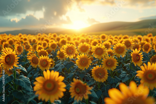 A sun-kissed field of sunflowers stretching towards the horizon, their golden petals swaying in the gentle breeze like dancers in a choreographed ballet. Generative Ai.