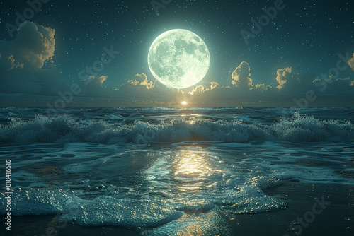 A moonlit beach illuminated by the soft glow of a full moon, waves lapping against the shore in a hypnotic rhythm under the star-studded sky. Concept of serenity and contemplation. Generative Ai.