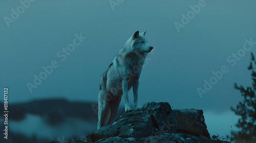 A lone wolf standing proudly on a rocky outcrop