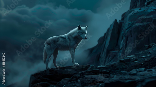 A lone wolf standing proudly on a rocky outcrop