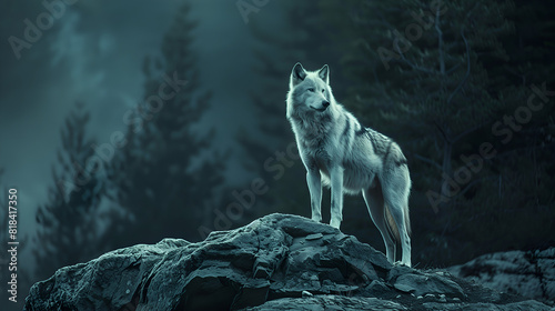 A lone wolf standing proudly on a rocky outcrop