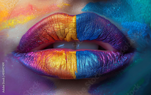 Close-up on lips painted in rainbow stripes, 'Pr1de' spelled out across them, clean 2D vector design