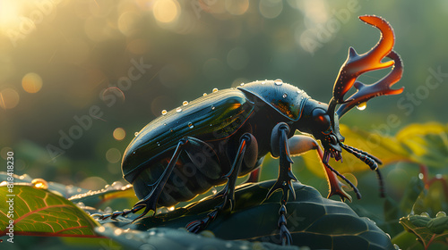A majestic stag beetle perched on a dew-kissed leaf its iridescent carapace gleaming under the soft morning light