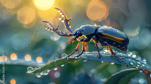 A majestic stag beetle perched on a dew-kissed leaf its iridescent carapace gleaming under the soft morning light
