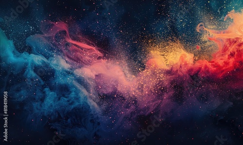 Abstract colorful background with a dark night sky and stars, fantasy illustration with splashes of color like an explosion of paint particles