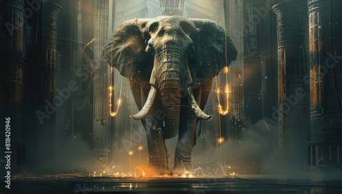 An elephant with the head of an ancient pharaoh, standing in a dark and empty hall, with glowing cables hanging from its trunk,