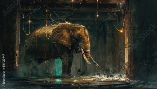 An elephant with the head of an ancient pharaoh, standing in a dark and empty hall, with glowing cables hanging from its trunk,