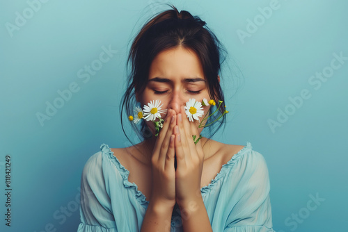 Person with pollen allergy sneezing on some flowers, woman suffering from illness and experiencing cold-like symptoms including excessive snot and frequent sneezing