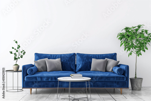 Living room interior wall mockup with blue velvet armchair white pillow pile of books and green plant branches in vase on empty white wall background. 3D rendering illustration.