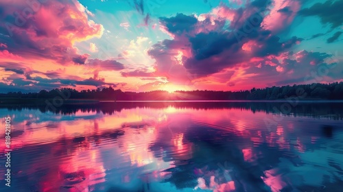 Beautiful colorful sunset with dramatic clouds over the lake, sky reflection in water, pink and blue colors, summer landscape