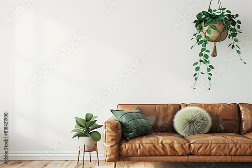 Living room interior wall mockup with tan brown leather armchair pillow green plants in pots coffee table and brass floor lamp on empty white wall background. 3D rendering illustration.