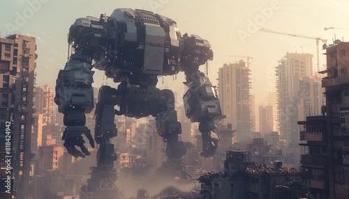 Giant robot stands amidst cityscape, symbolizing futuristic destruction, raising questions about tomorrow's challenges. 🤖🏙️ #FutureDystopia