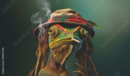 surreal reggae iguana with rasta hat smoking a cigarette in mystical ambiance