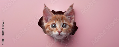 cute orange kitten's head popping out of a ripped pink paper, copy space for text 