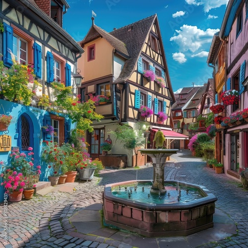 Colorful halftimbered houses in the city of Colmar, France with flower shop and fountain on sunny day. travel concept. , real photo