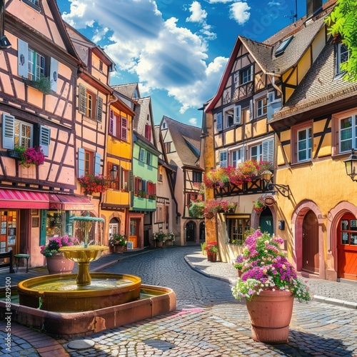 Colorful halftimbered houses in the city of Colmar, France with flower shop and fountain on sunny day. travel concept. , real photo