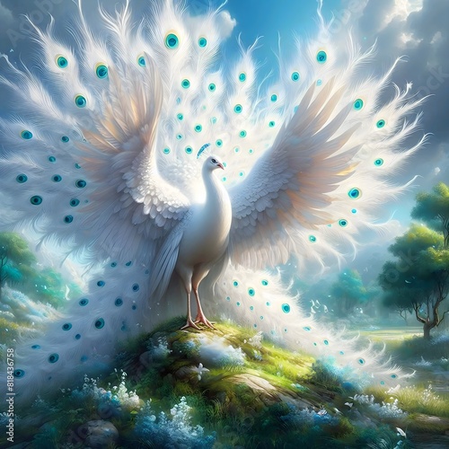 Painting of a white peacock with its wings spread out.