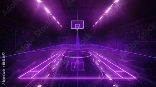 Neon purple basketball court with spotlight and digital elements. Dark background, cyberpunk style. wide angle lens natural lighting