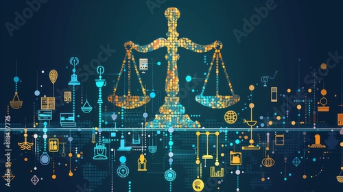 A digital scale of justice balancing legal icons, symbolizing the evolution of Smart Law.