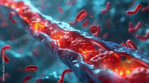A precise 3D visualization depicting the inner structure of a clogged blood vessel in APS-associated blood clotting.