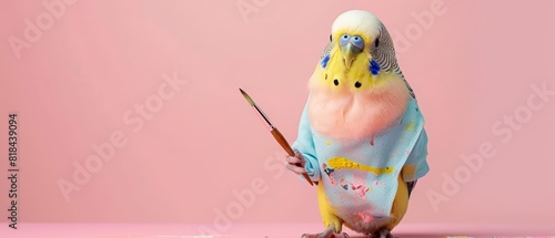 A budgie wearing a miniature artists smock and holding a tiny paintbrush in front of a pastel pink background The budgie looks focused on creating art, with copy space at the top