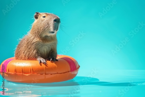 A capybara in a lifeguard uniform, sitting beside a pool float in front of a bright blue background The capybara looks vigilant and ready to help, with copy space on the left side