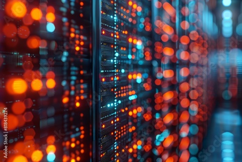 Close-up of a blockchain server farm with rows of computers, data processing lights blinking