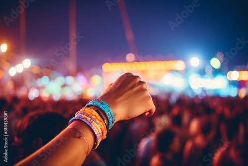 A woman is holding up her hand in a crowd of people