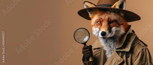A fox in a detectives trench coat and hat, holding a magnifying glass in front of a brown background The fox looks sly and clever, with copy space on the right side