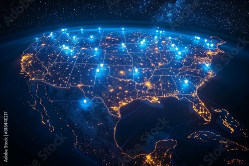 A map of the United States with many lights on it