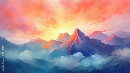 Digital painting of a mountainous landscape during a vibrant sunset. Image of blue mountain or hill painted with blue gradient watercolor contrast with orange and pink twilight sky from sunset. AIG35.