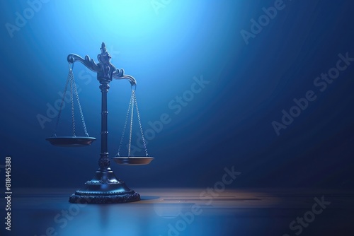 Scales of justice on table, 3d illustration, background with copy space , neutral color theme, blue light from the right side