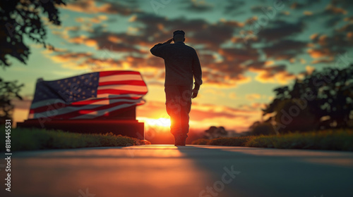 a veteran salutes the american flag in the sunset