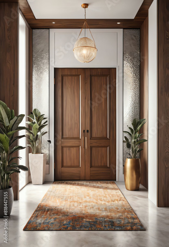 luxury entry way with wooden door and green plant