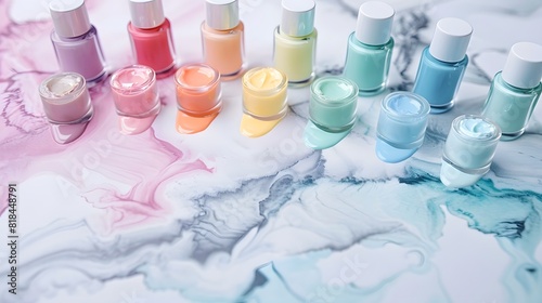 Nail polish on pastel colors on marble background 