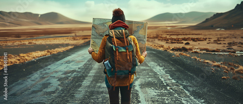 a backpacker holding map in the straight way