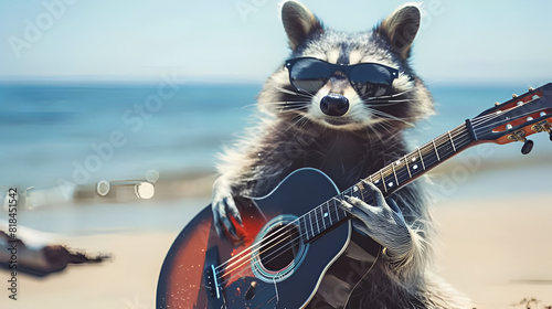 Cool Raccoon Jamming on Guitar, Creating Beach Vibes and Melodies - AI generated
